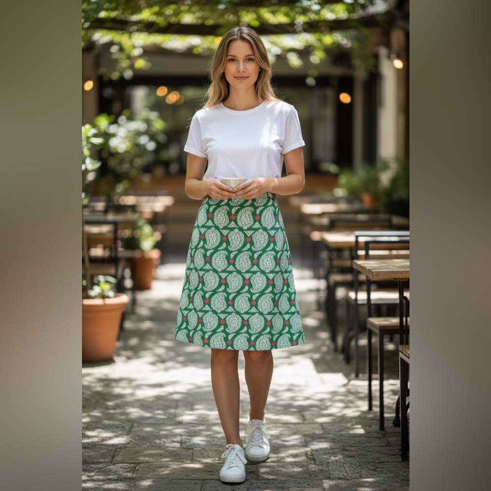 Boden Green Printed Midi A-Line Skirt